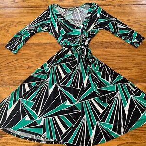 Geometric Black, White and Green Midi Faux Wrap Dress, Size Medium